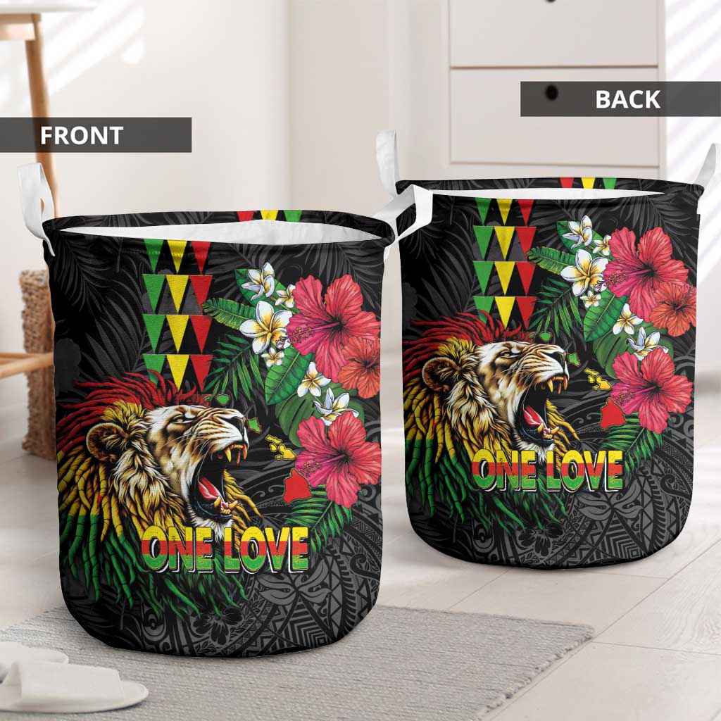 Hawaiian One Love Laundry Basket Reggae Lion Tropical Plants and Kakau with Tribal Pattern LT03 - Polynesian Pride