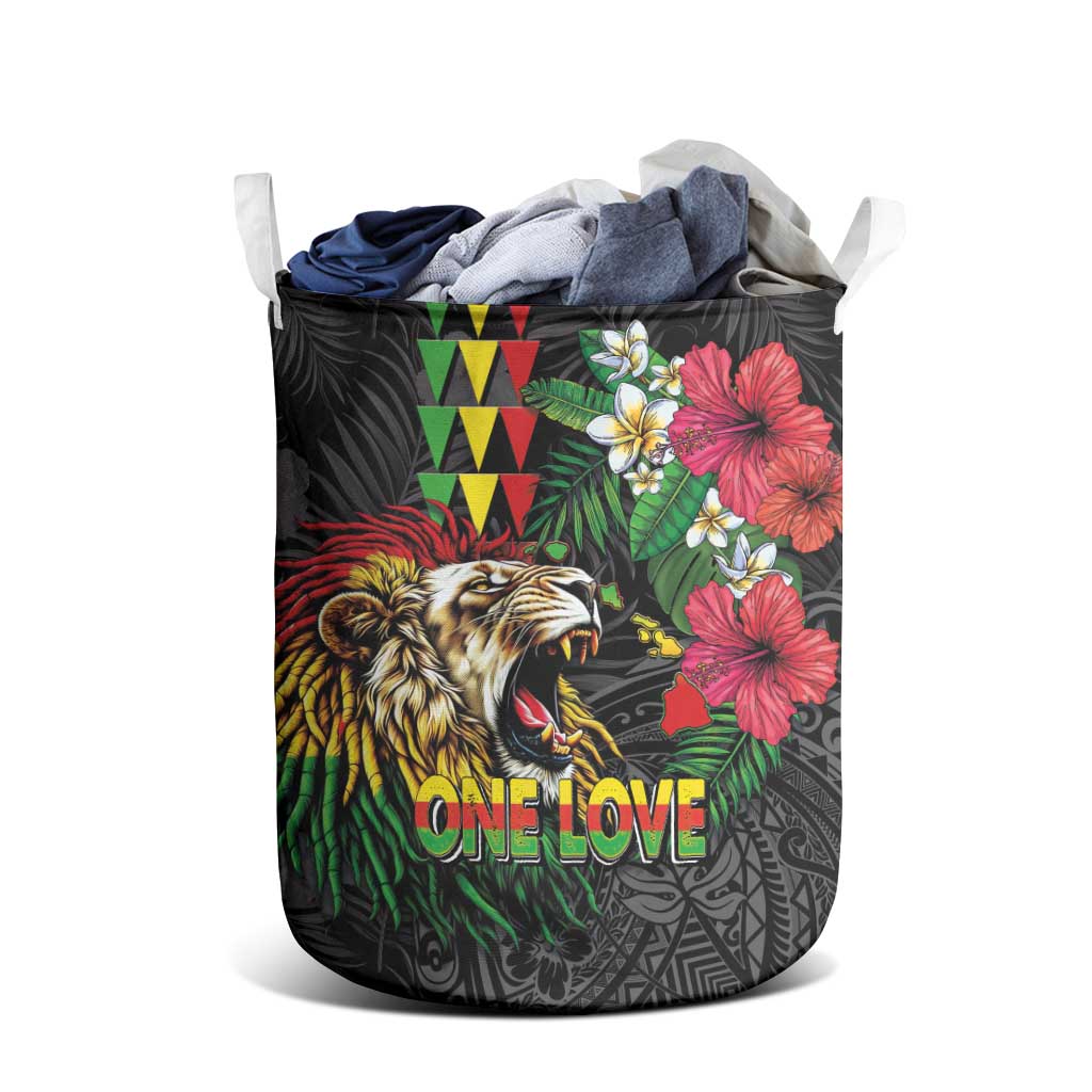 Hawaiian One Love Laundry Basket Reggae Lion Tropical Plants and Kakau with Tribal Pattern LT03 - Polynesian Pride