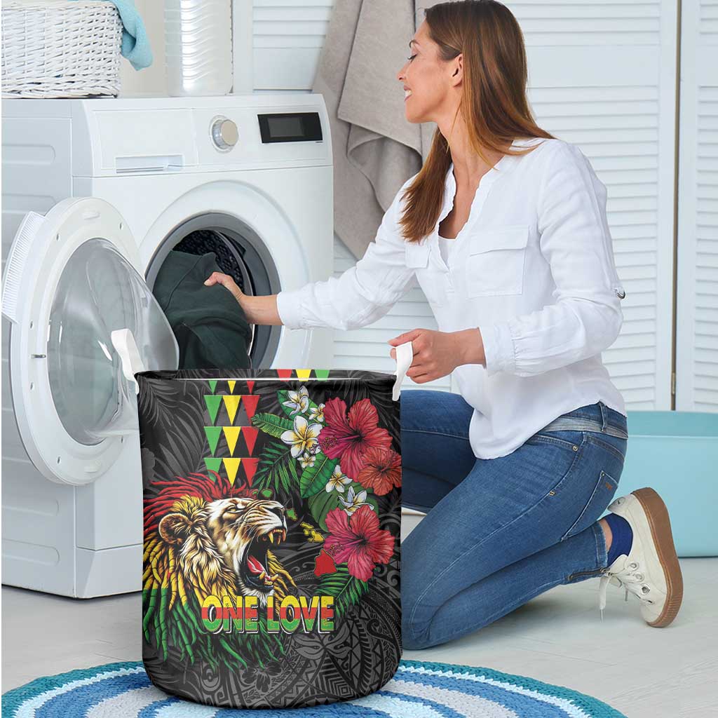 Hawaiian One Love Laundry Basket Reggae Lion Tropical Plants and Kakau with Tribal Pattern LT03 - Polynesian Pride