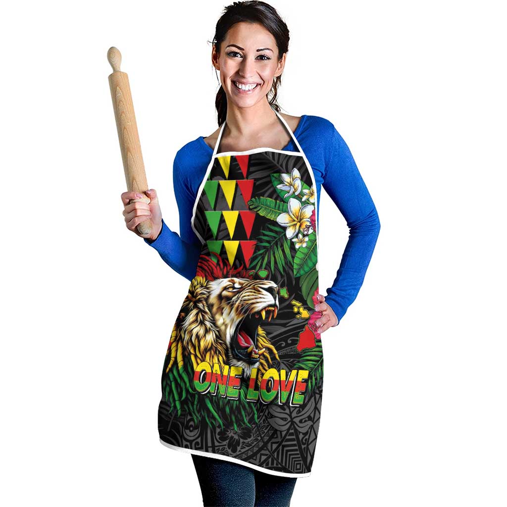 Hawaiian One Love Apron Reggae Lion Tropical Plants and Kakau with Tribal Pattern LT03 - Polynesian Pride