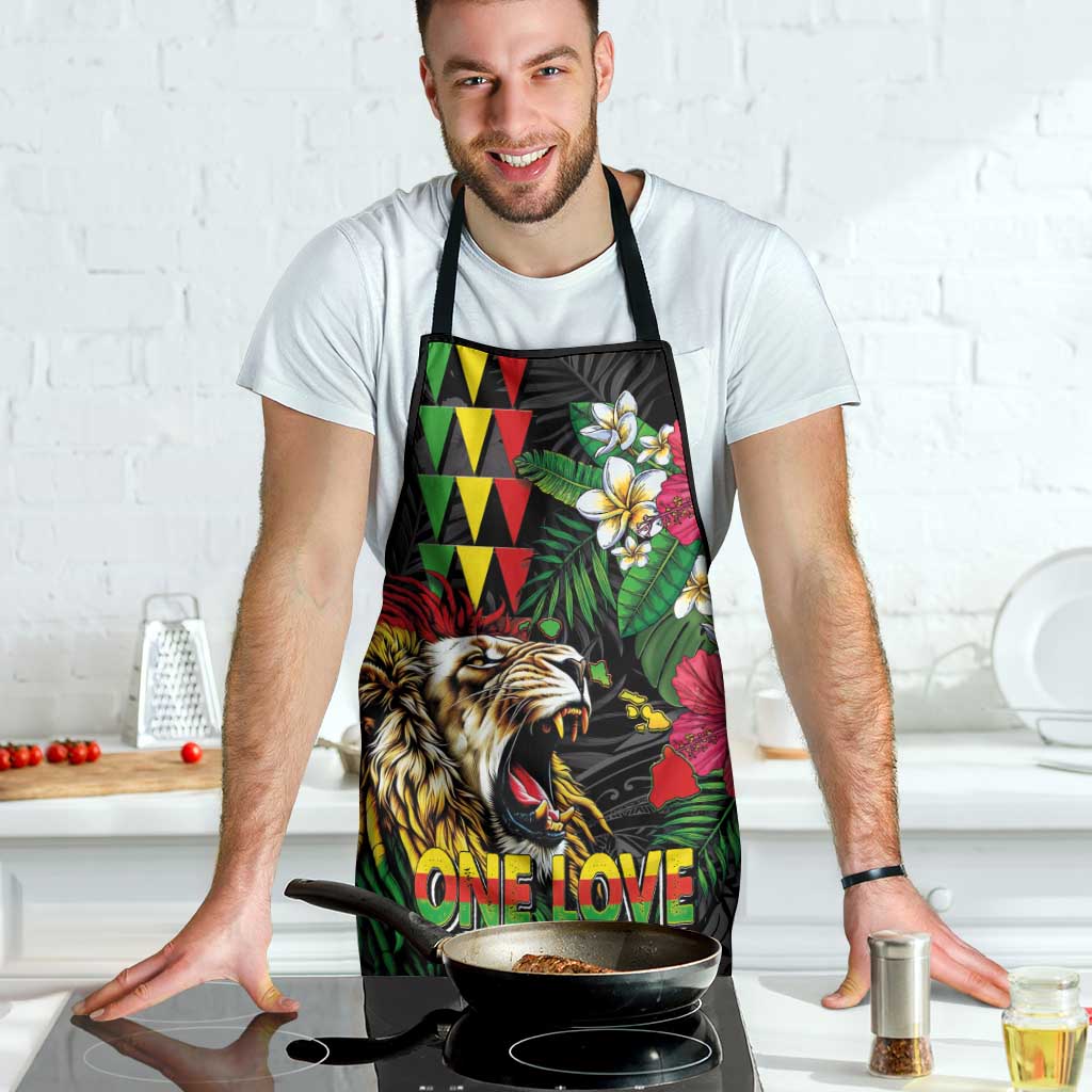Hawaiian One Love Apron Reggae Lion Tropical Plants and Kakau with Tribal Pattern LT03 - Polynesian Pride