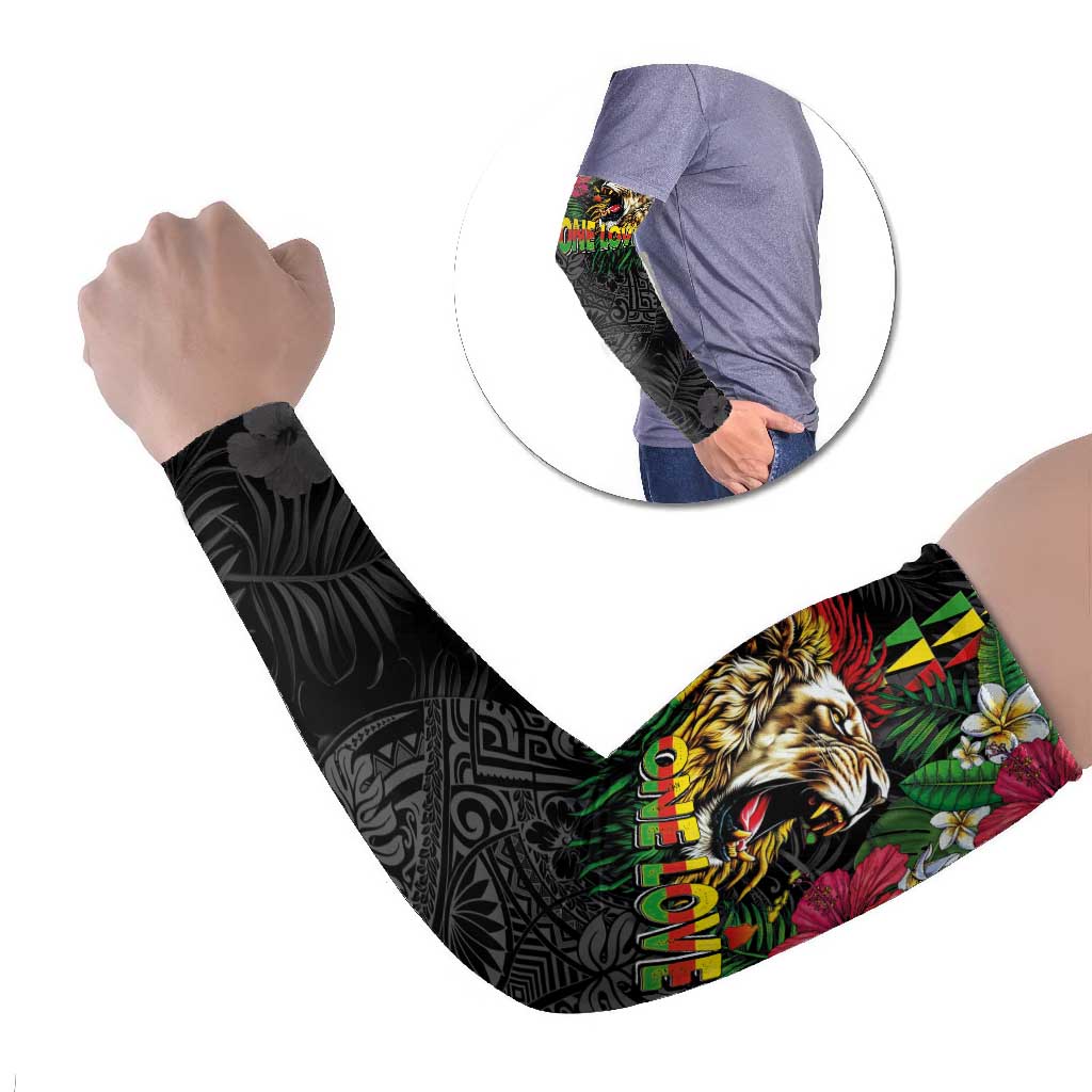 Hawaiian One Love Arm Sleeves Reggae Lion Tropical Plants and Kakau with Tribal Pattern LT03 Set of 2 Black - Polynesian Pride