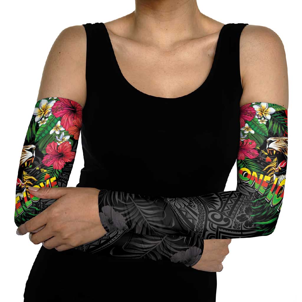 Hawaiian One Love Arm Sleeves Reggae Lion Tropical Plants and Kakau with Tribal Pattern LT03 - Polynesian Pride