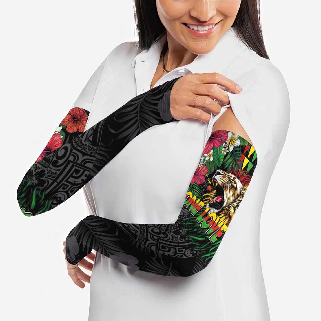Hawaiian One Love Arm Sleeves Reggae Lion Tropical Plants and Kakau with Tribal Pattern LT03 - Polynesian Pride