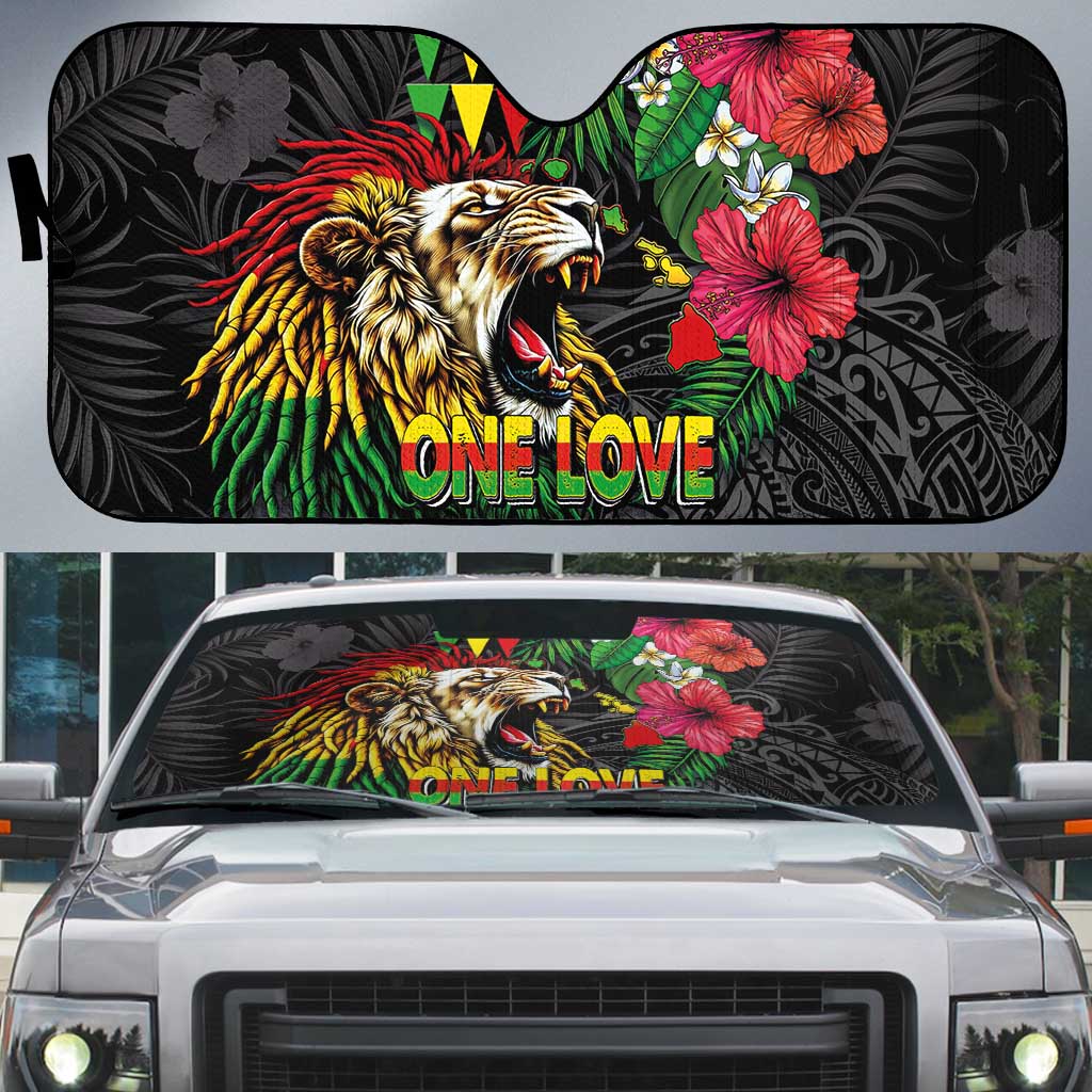 Hawaiian One Love Auto Sun Shade Reggae Lion Tropical Plants and Kakau with Tribal Pattern