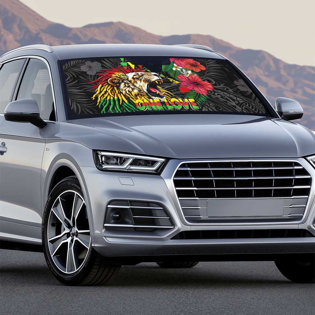 Hawaiian One Love Auto Sun Shade Reggae Lion Tropical Plants and Kakau with Tribal Pattern