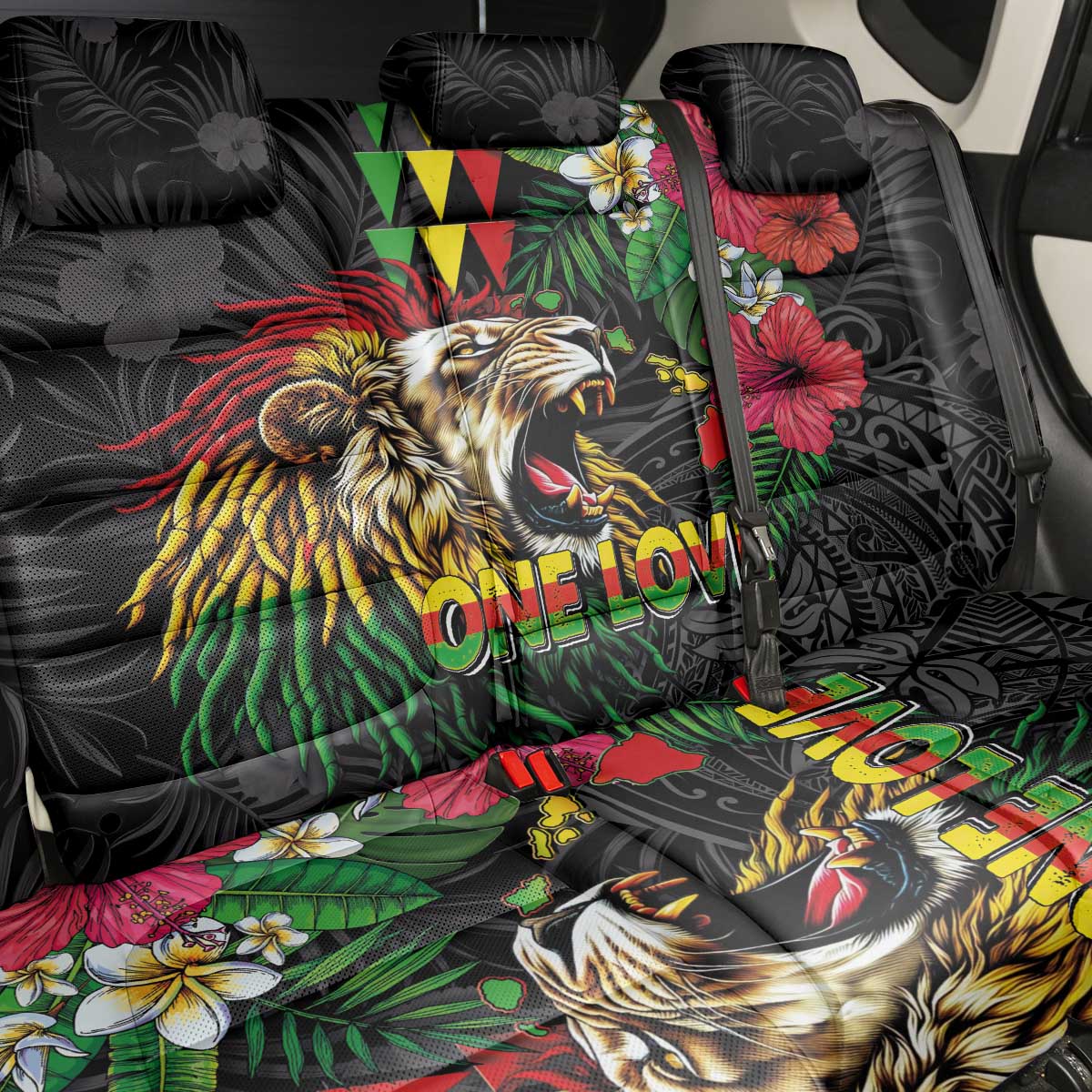 Hawaiian One Love Back Car Seat Cover Reggae Lion Tropical Plants and Kakau with Tribal Pattern LT03 - Polynesian Pride
