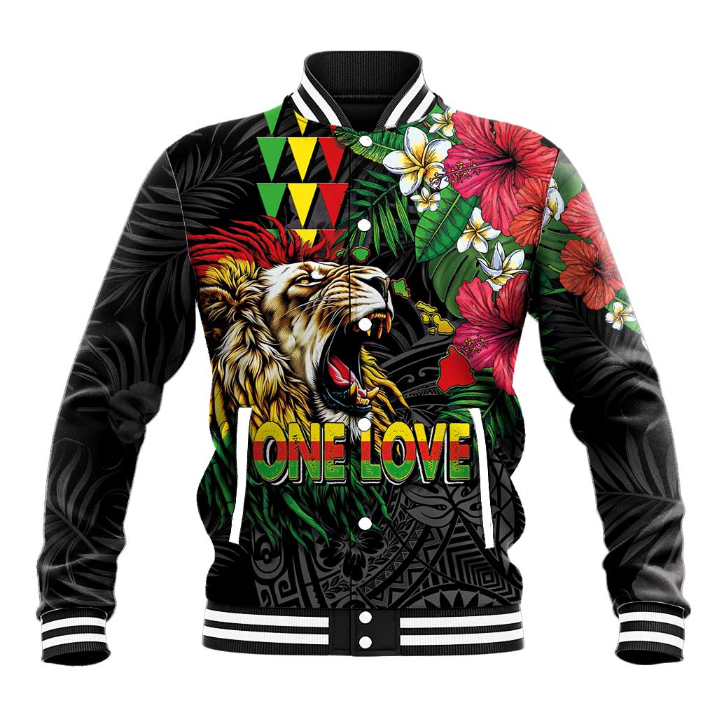 Hawaiian One Love Baseball Jacket Reggae Lion Tropical Plants and Kakau with Tribal Pattern LT03 Unisex Black - Polynesian Pride