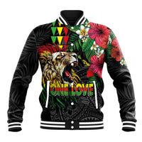 Hawaiian One Love Baseball Jacket Reggae Lion Tropical Plants and Kakau with Tribal Pattern LT03 Unisex Black - Polynesian Pride