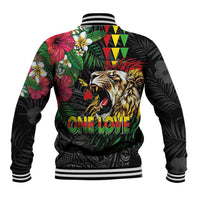 Hawaiian One Love Baseball Jacket Reggae Lion Tropical Plants and Kakau with Tribal Pattern LT03 - Polynesian Pride