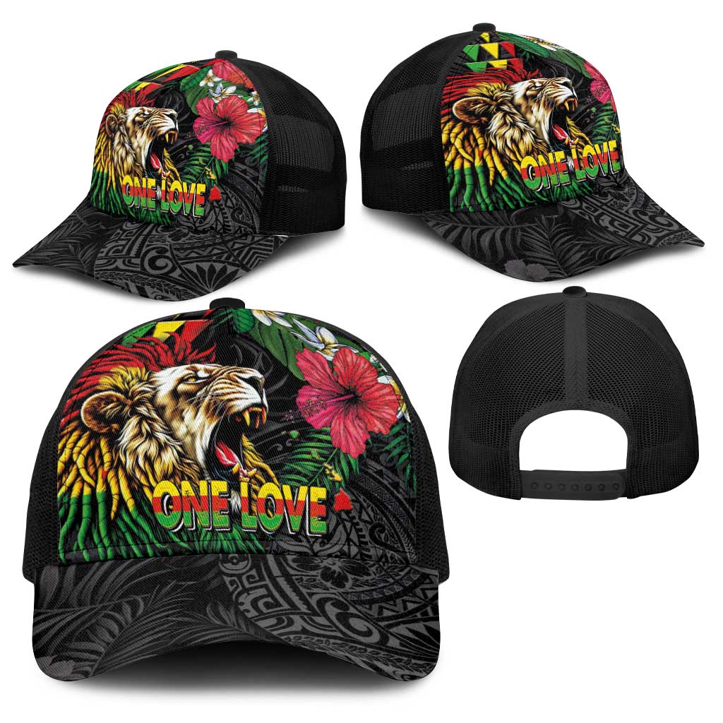 Hawaiian One Love Baseball Net Cap Reggae Lion Tropical Plants and Kakau with Tribal Pattern