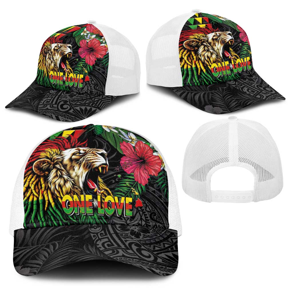 Hawaiian One Love Baseball Net Cap Reggae Lion Tropical Plants and Kakau with Tribal Pattern