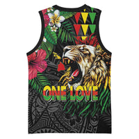 Hawaiian One Love Basketball Jersey Reggae Lion Tropical Plants and Kakau with Tribal Pattern LT03 - Polynesian Pride
