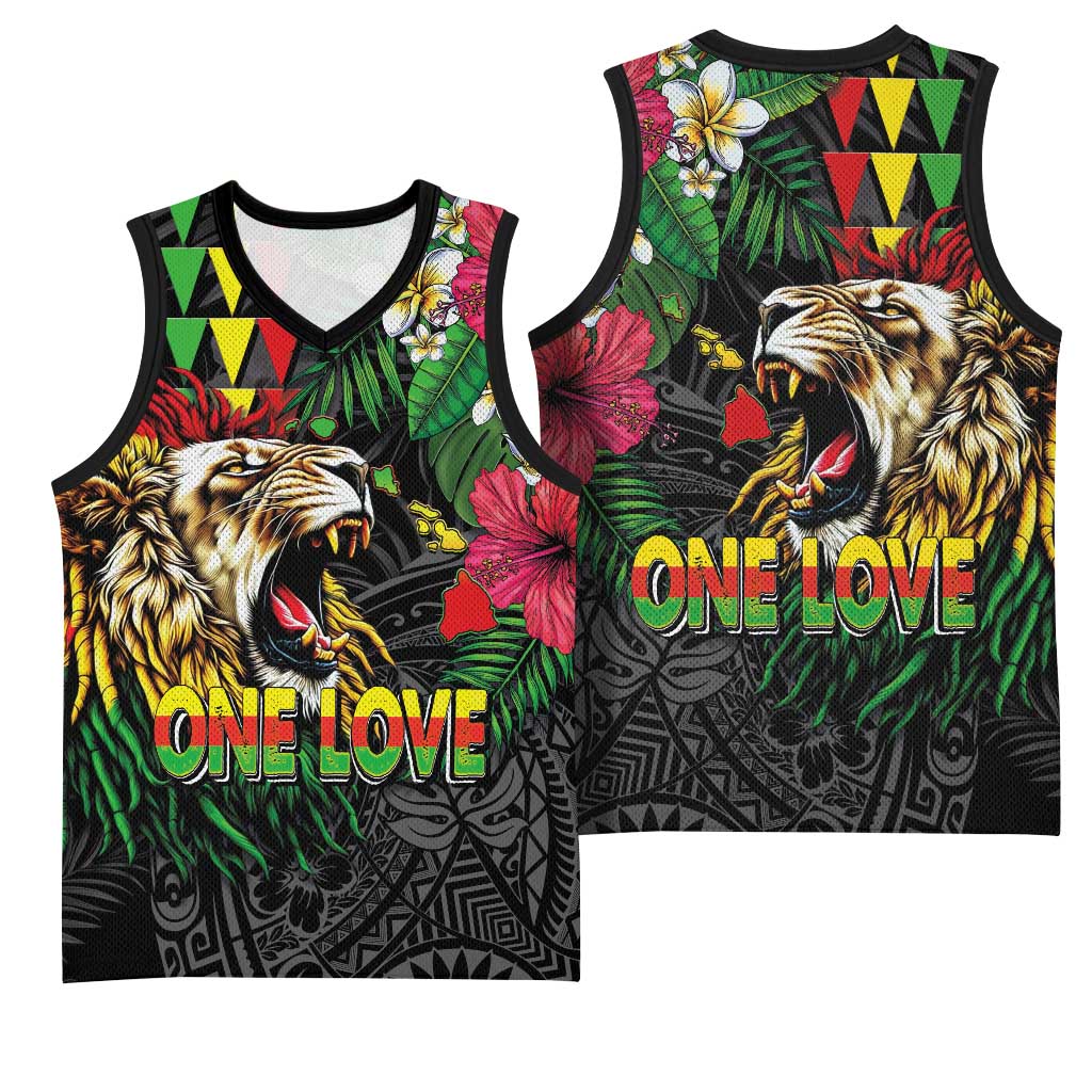 Hawaiian One Love Basketball Jersey Reggae Lion Tropical Plants and Kakau with Tribal Pattern LT03 - Polynesian Pride