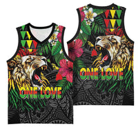 Hawaiian One Love Basketball Jersey Reggae Lion Tropical Plants and Kakau with Tribal Pattern LT03 - Polynesian Pride