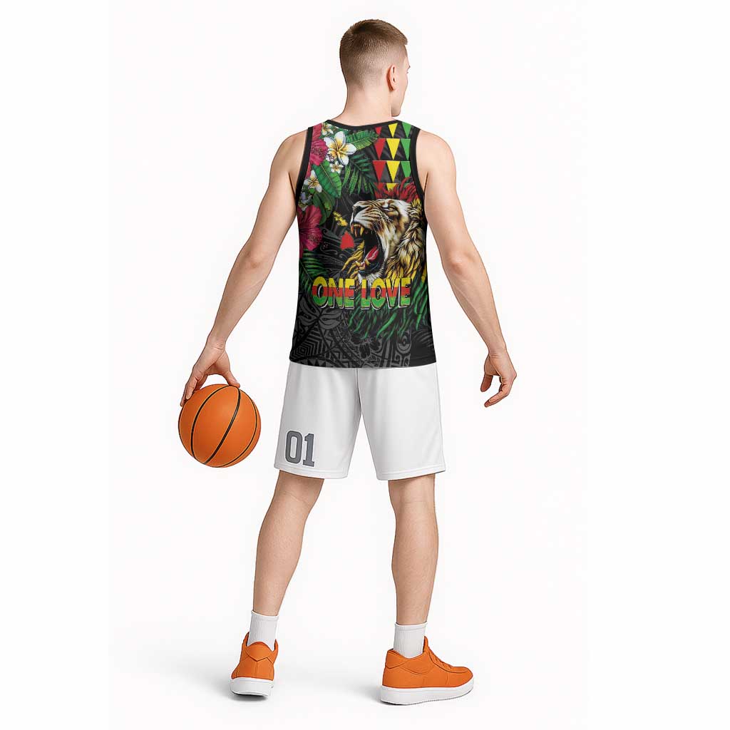 Hawaiian One Love Basketball Jersey Reggae Lion Tropical Plants and Kakau with Tribal Pattern LT03 - Polynesian Pride