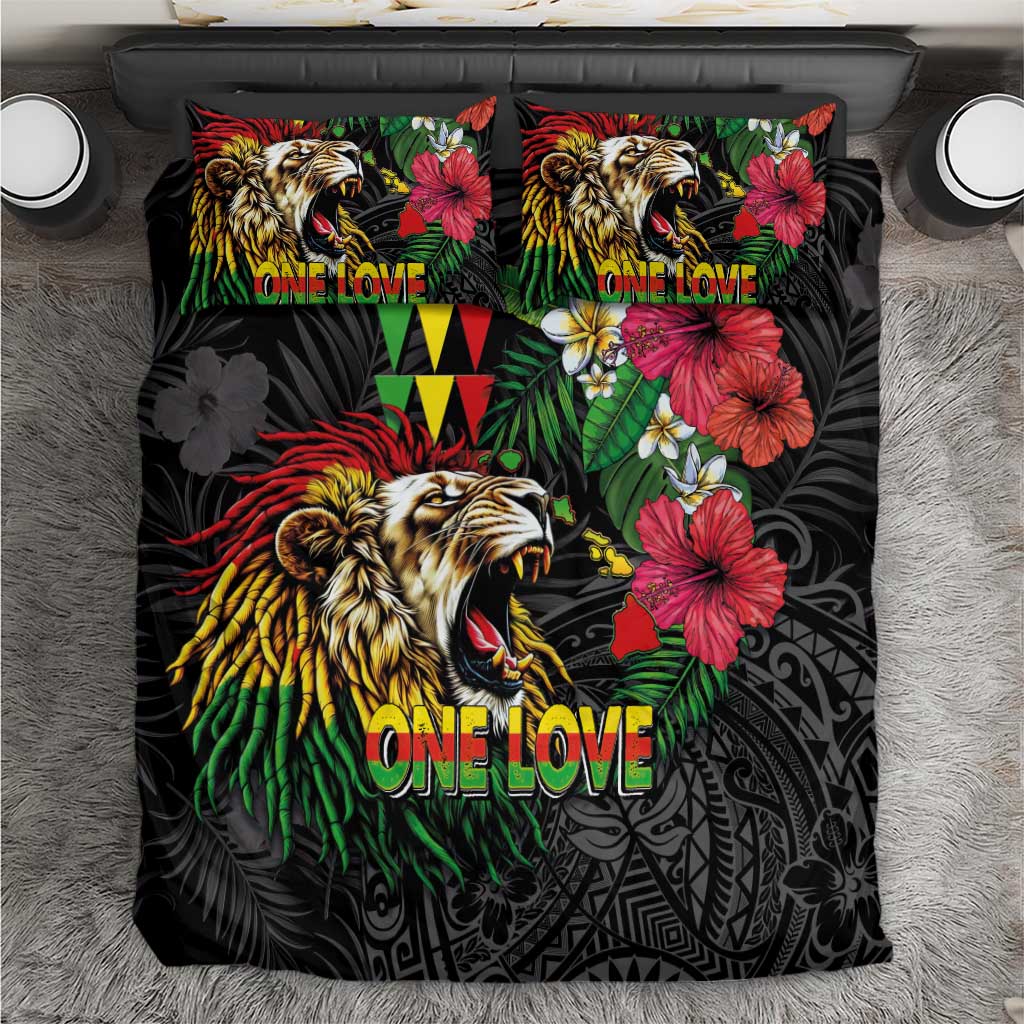 Hawaiian One Love Bedding Set Reggae Lion Tropical Plants and Kakau with Tribal Pattern LT03 Black - Polynesian Pride