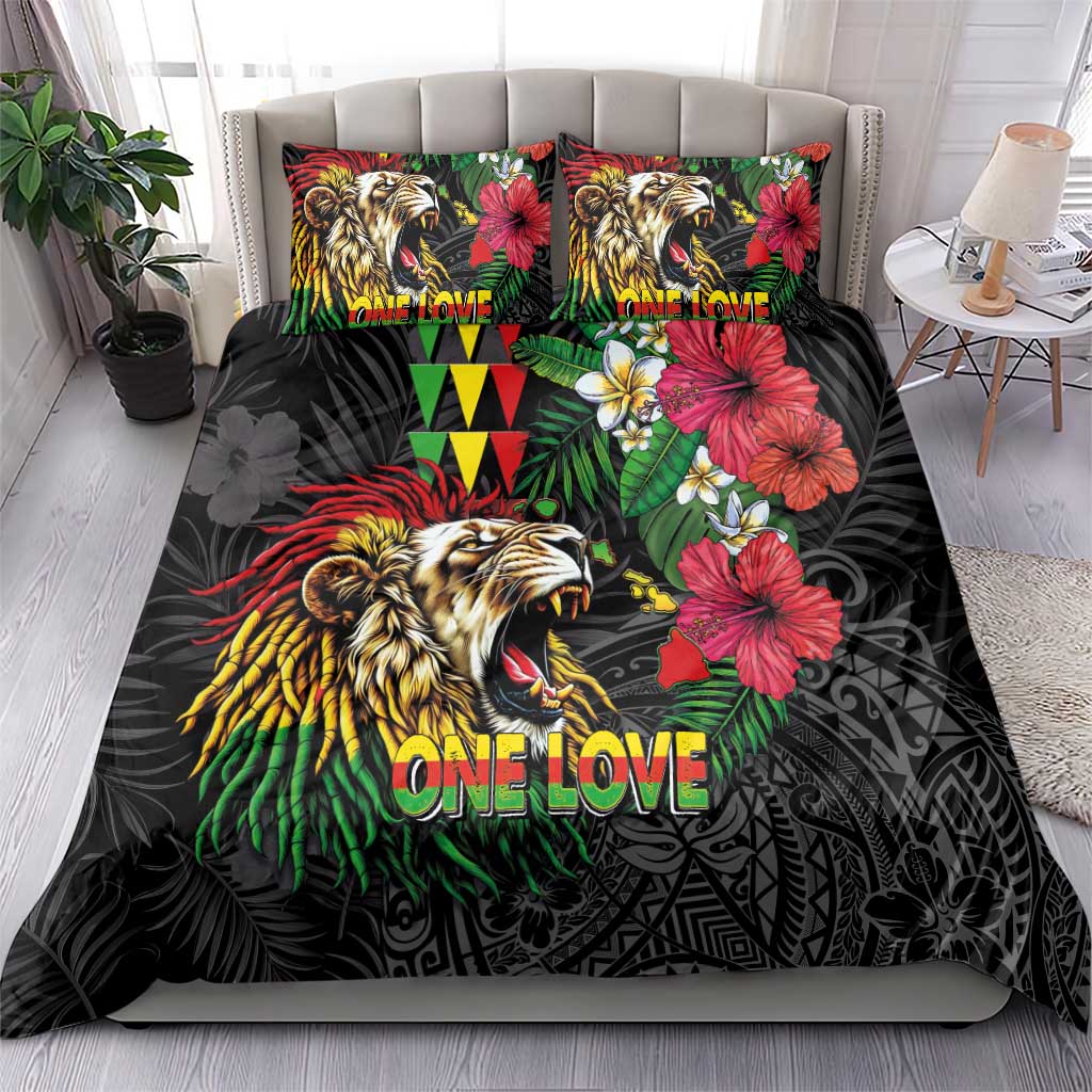 Hawaiian One Love Bedding Set Reggae Lion Tropical Plants and Kakau with Tribal Pattern LT03 - Polynesian Pride