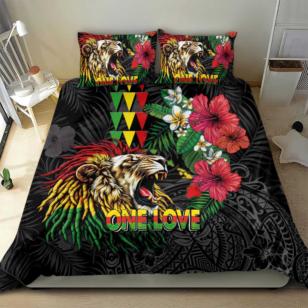 Hawaiian One Love Bedding Set Reggae Lion Tropical Plants and Kakau with Tribal Pattern LT03 - Polynesian Pride