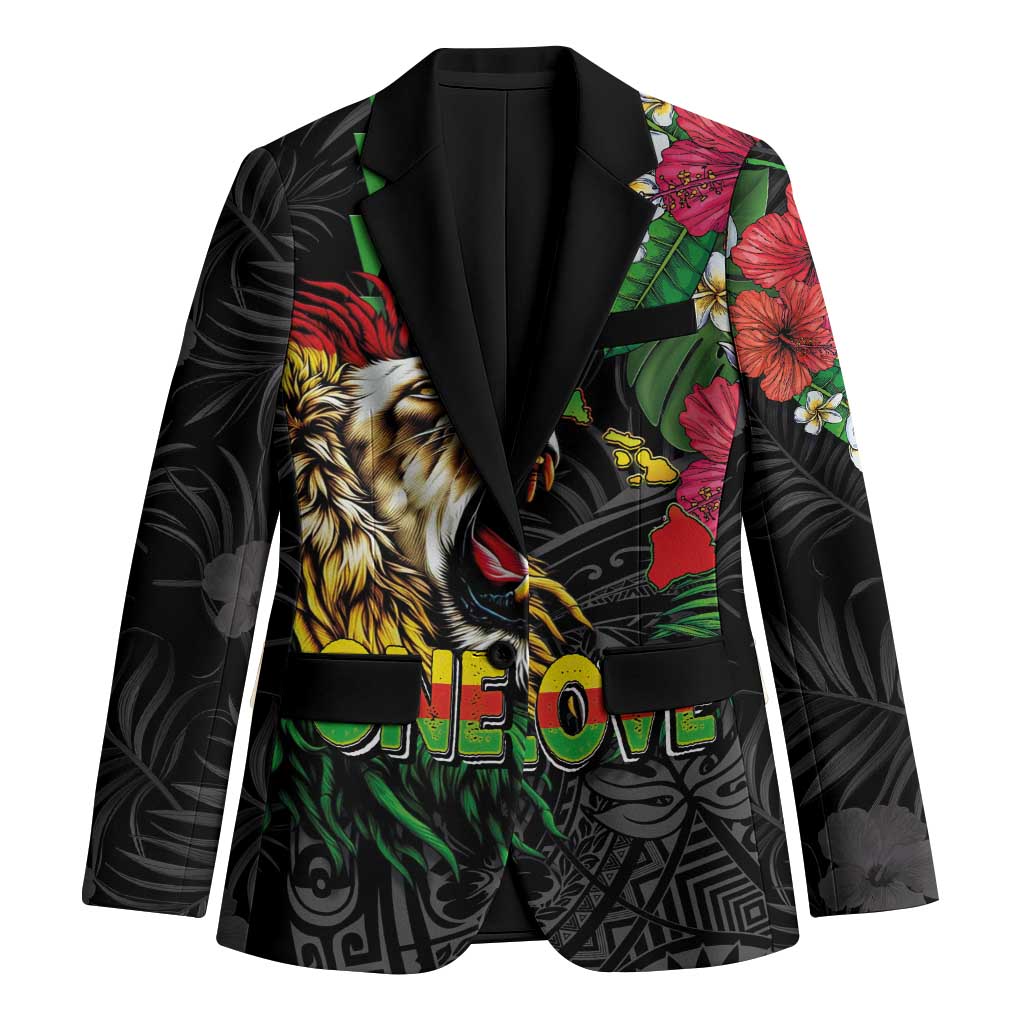 Hawaiian One Love Blazer Reggae Lion Tropical Plants and Kakau with Tribal Pattern LT03 Unisex Black - Polynesian Pride