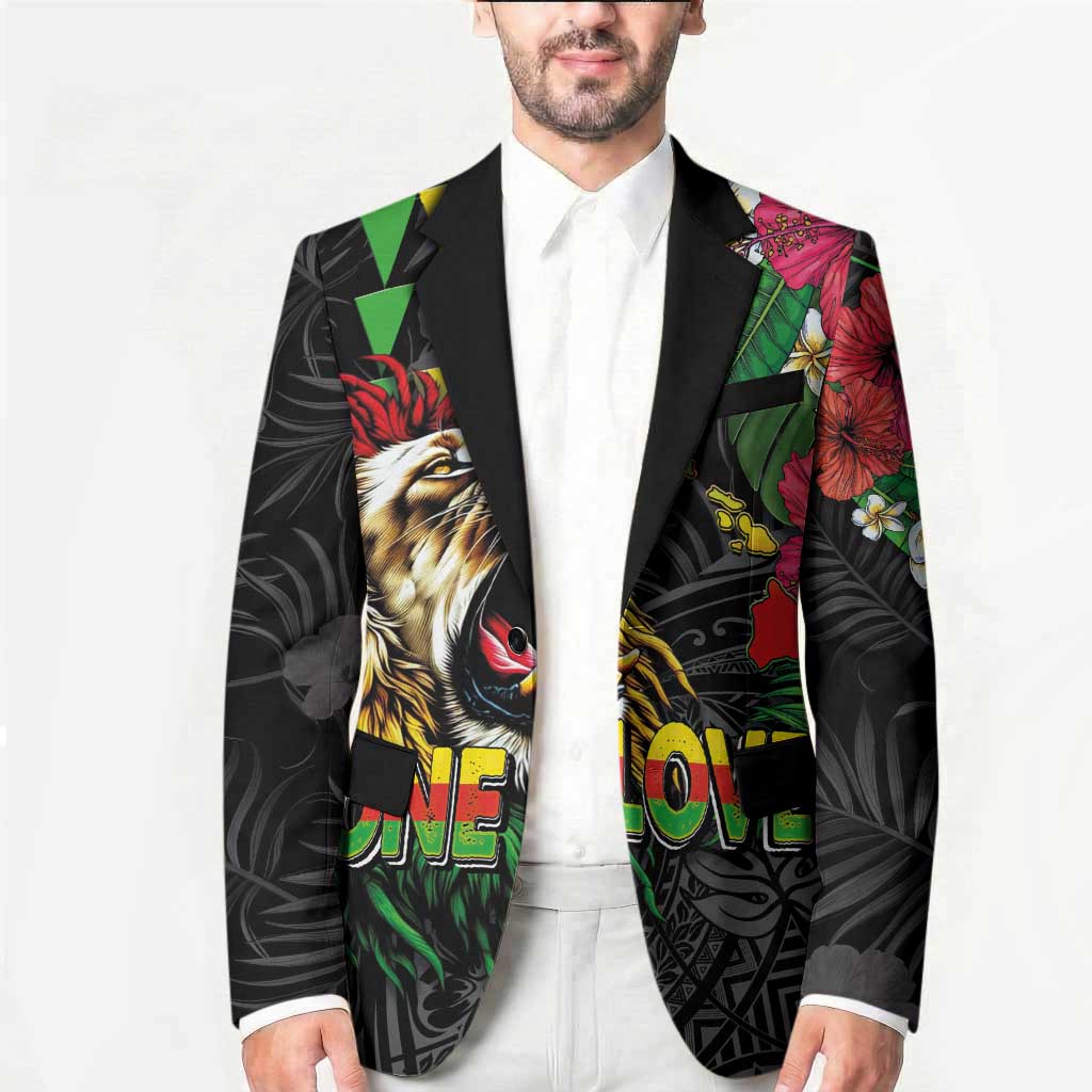 Hawaiian One Love Blazer Reggae Lion Tropical Plants and Kakau with Tribal Pattern LT03 - Polynesian Pride