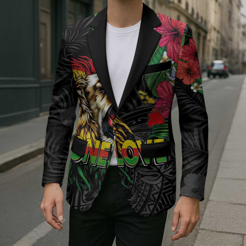 Hawaiian One Love Blazer Reggae Lion Tropical Plants and Kakau with Tribal Pattern LT03 - Polynesian Pride