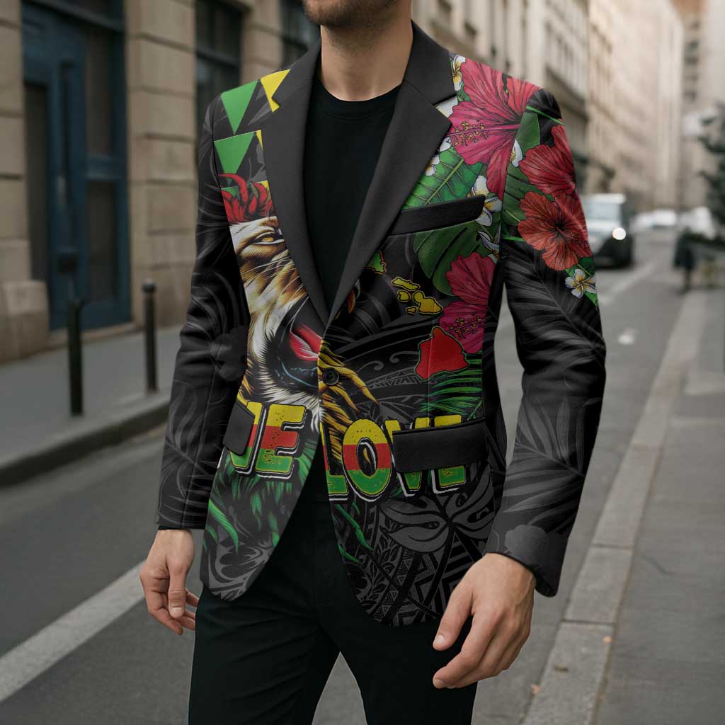 Hawaiian One Love Blazer Reggae Lion Tropical Plants and Kakau with Tribal Pattern LT03 - Polynesian Pride