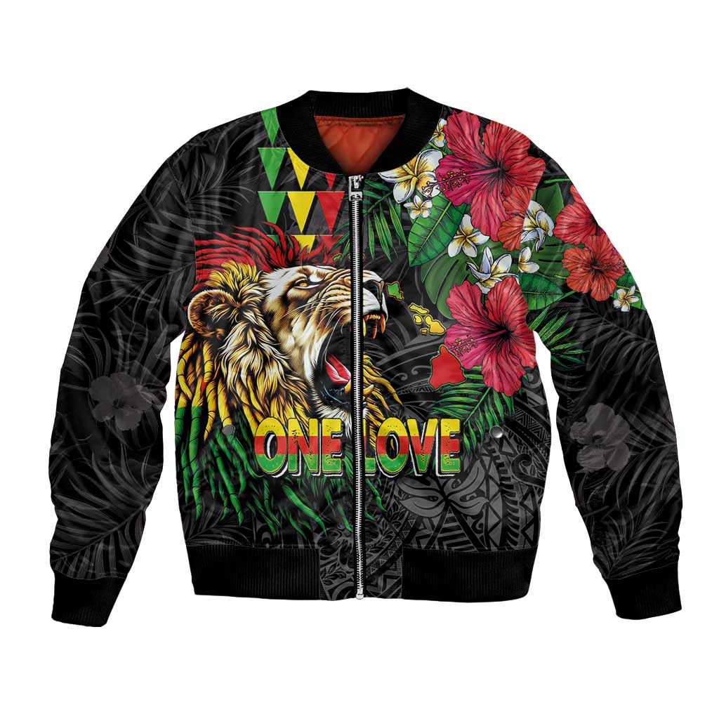 Hawaiian One Love Bomber Jacket Reggae Lion Tropical Plants and Kakau with Tribal Pattern LT03 Unisex Black - Polynesian Pride