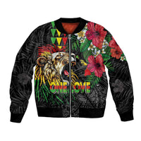 Hawaiian One Love Bomber Jacket Reggae Lion Tropical Plants and Kakau with Tribal Pattern LT03 Unisex Black - Polynesian Pride
