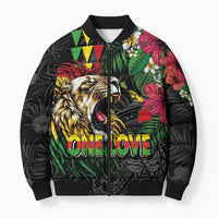 Hawaiian One Love Bomber Puffer Jacket Reggae Lion Tropical Plants and Kakau with Tribal Pattern LT03 Unisex Black - Polynesian Pride