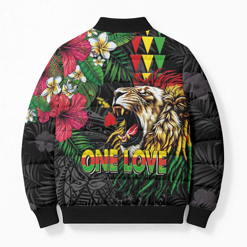 Hawaiian One Love Bomber Puffer Jacket Reggae Lion Tropical Plants and Kakau with Tribal Pattern LT03 - Polynesian Pride