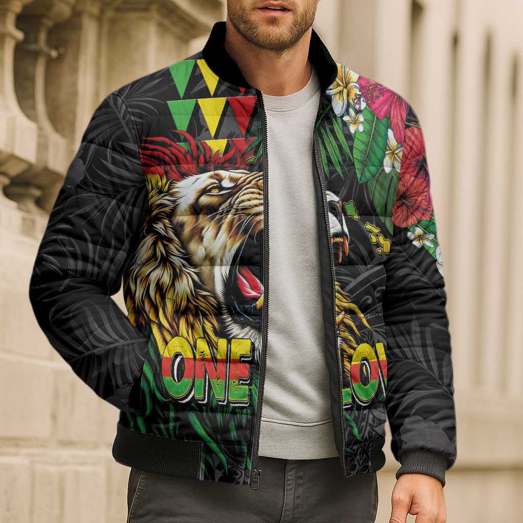 Hawaiian One Love Bomber Puffer Jacket Reggae Lion Tropical Plants and Kakau with Tribal Pattern LT03 - Polynesian Pride