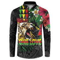 Hawaiian One Love Button Sweatshirt Reggae Lion Tropical Plants and Kakau with Tribal Pattern LT03 Black - Polynesian Pride