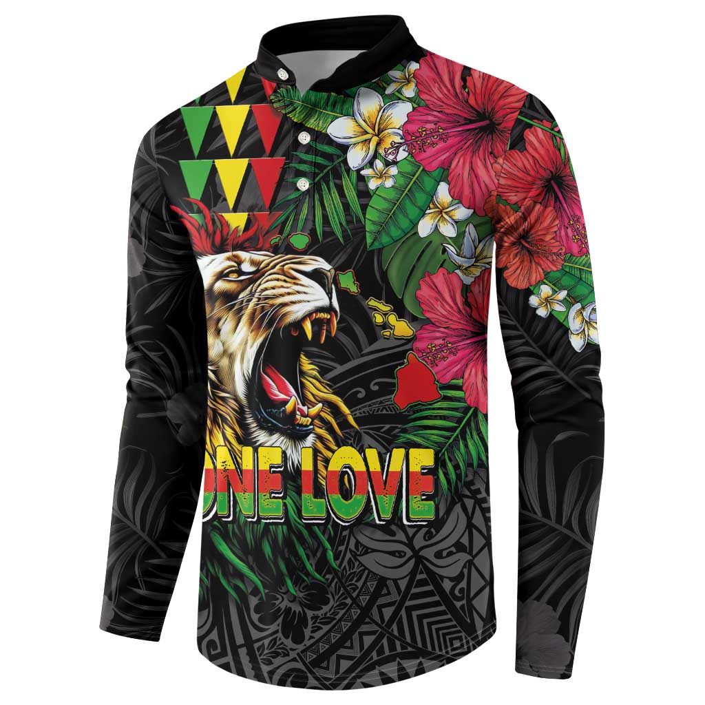 Hawaiian One Love Button Sweatshirt Reggae Lion Tropical Plants and Kakau with Tribal Pattern LT03 - Polynesian Pride
