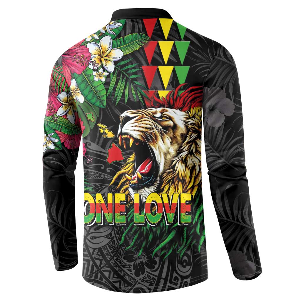 Hawaiian One Love Button Sweatshirt Reggae Lion Tropical Plants and Kakau with Tribal Pattern LT03 - Polynesian Pride