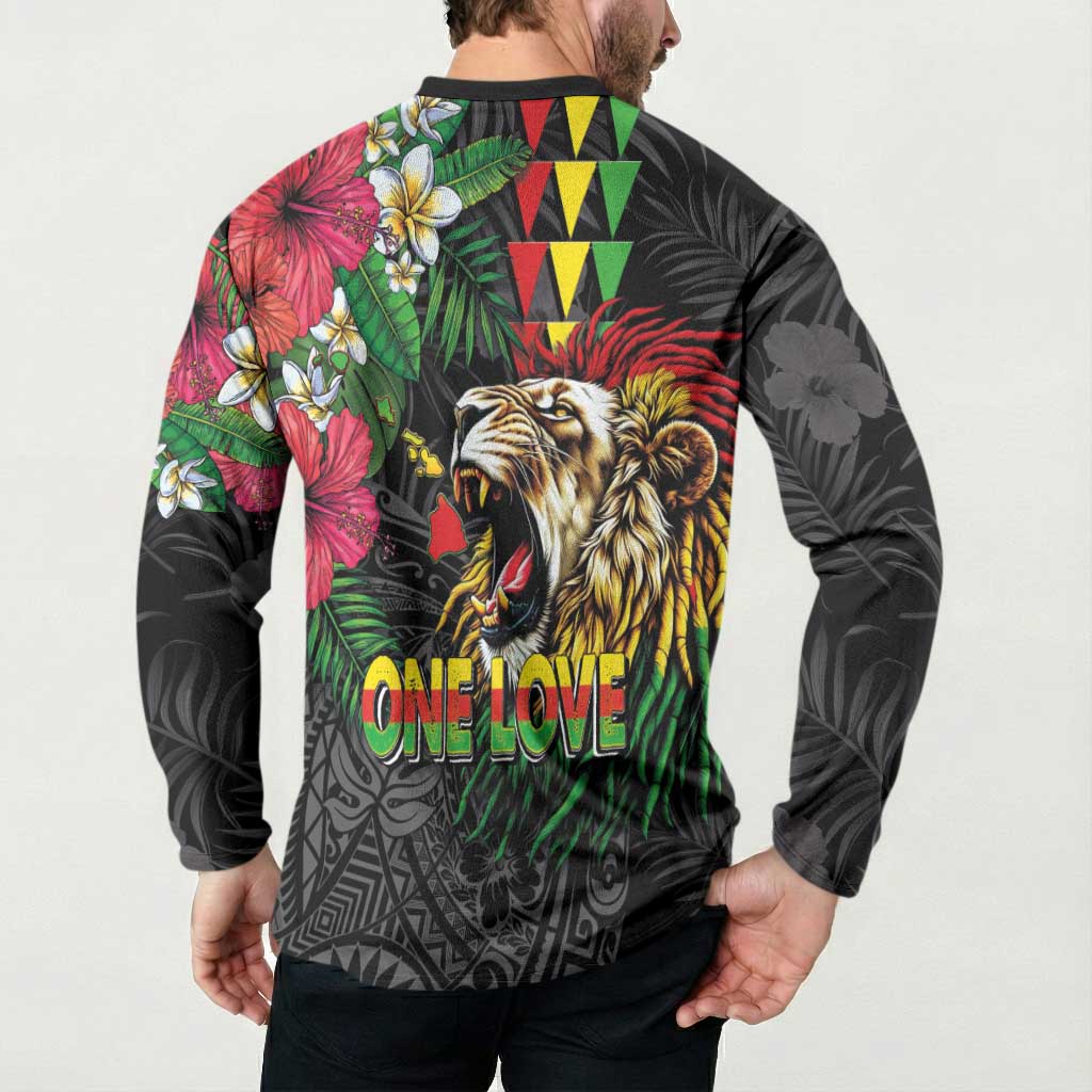 Hawaiian One Love Button Sweatshirt Reggae Lion Tropical Plants and Kakau with Tribal Pattern LT03 - Polynesian Pride
