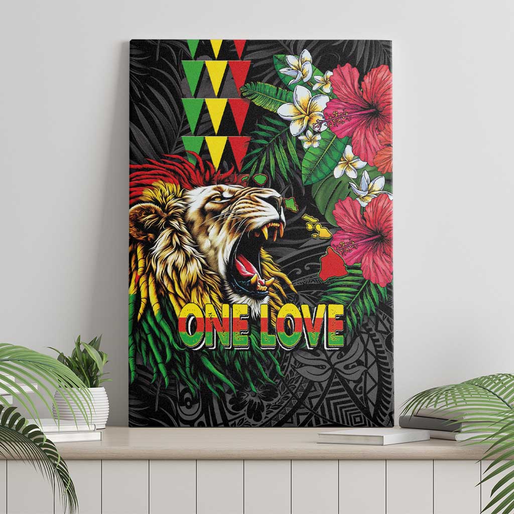 Hawaiian One Love Canvas Wall Art Reggae Lion Tropical Plants and Kakau with Tribal Pattern LT03 - Polynesian Pride