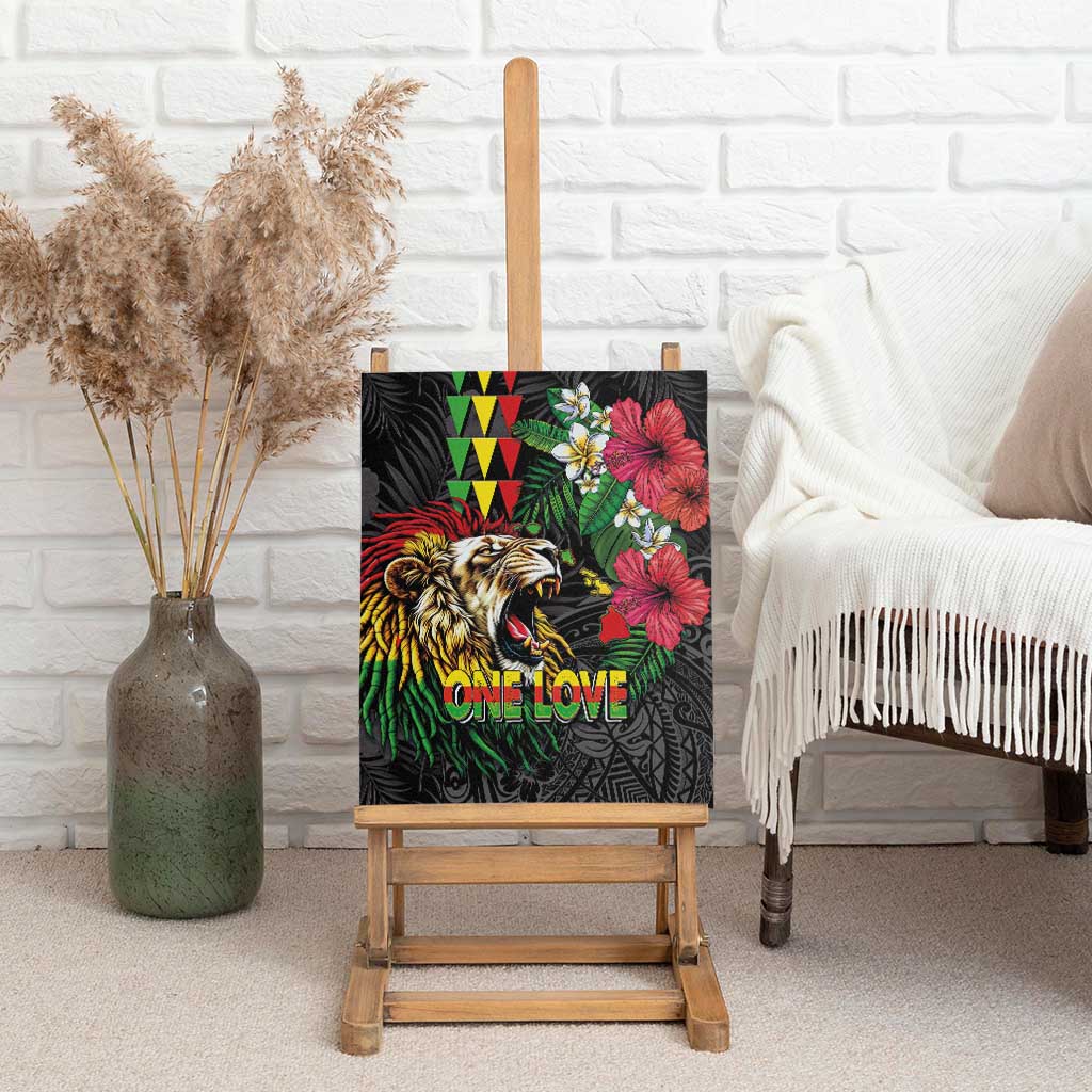Hawaiian One Love Canvas Wall Art Reggae Lion Tropical Plants and Kakau with Tribal Pattern LT03 - Polynesian Pride