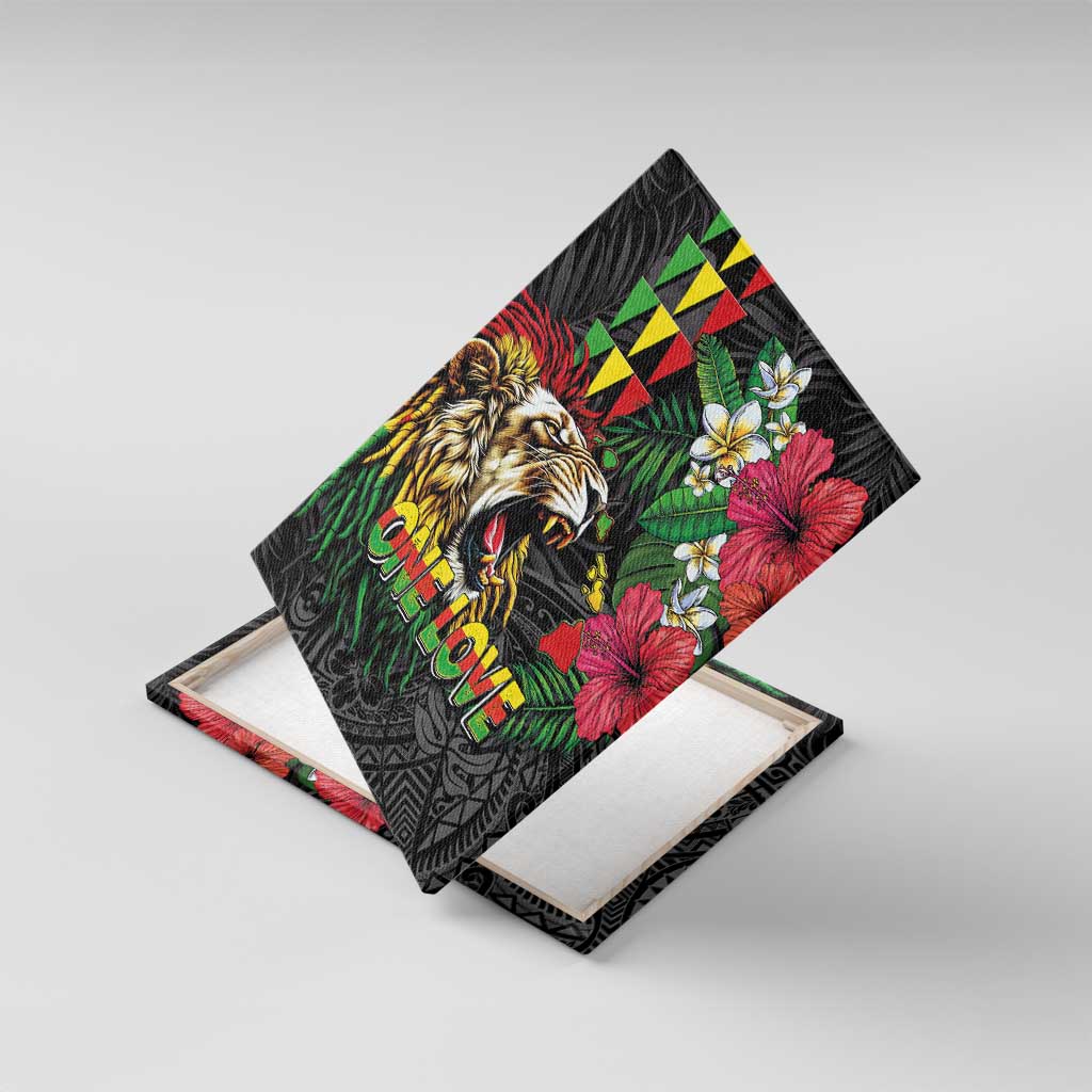 Hawaiian One Love Canvas Wall Art Reggae Lion Tropical Plants and Kakau with Tribal Pattern LT03 With Frame Black - Polynesian Pride