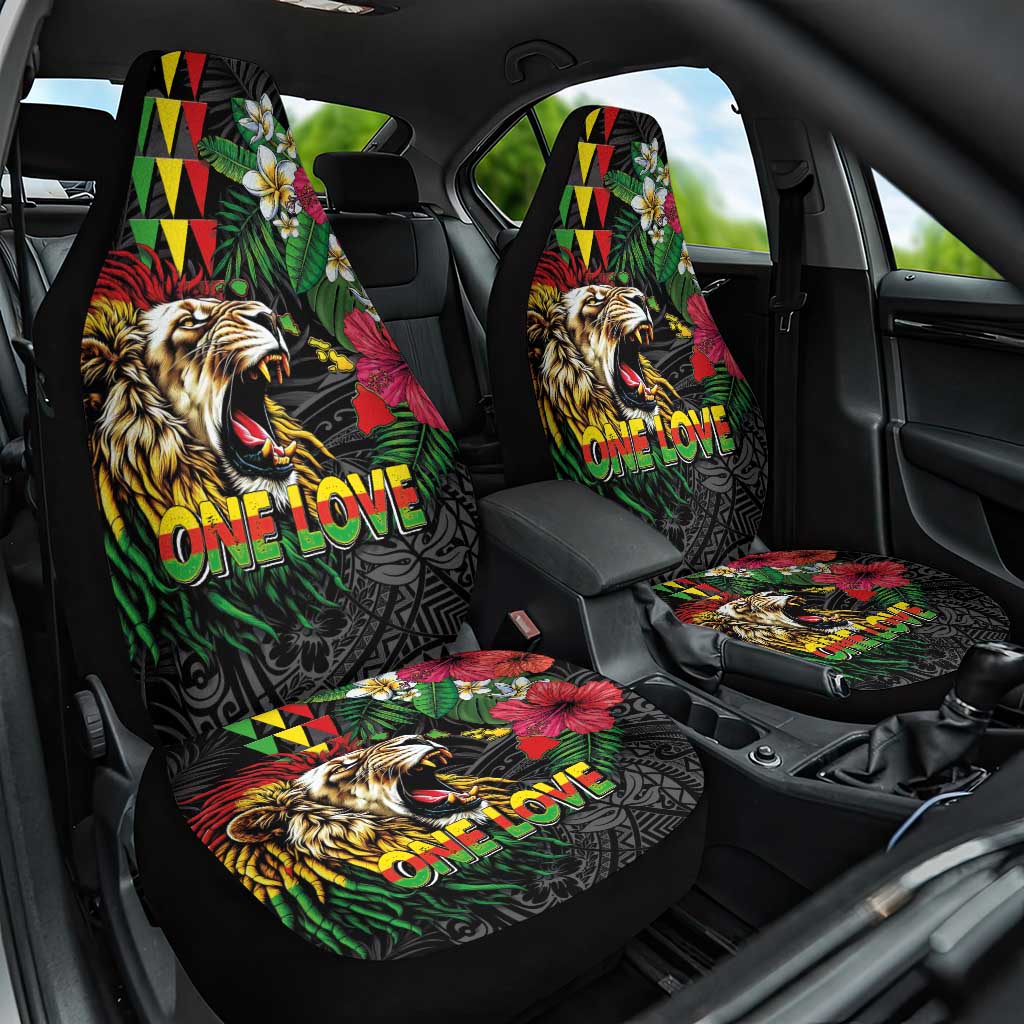 Hawaiian One Love Car Seat Cover Reggae Lion Tropical Plants and Kakau with Tribal Pattern LT03 One Size Black - Polynesian Pride