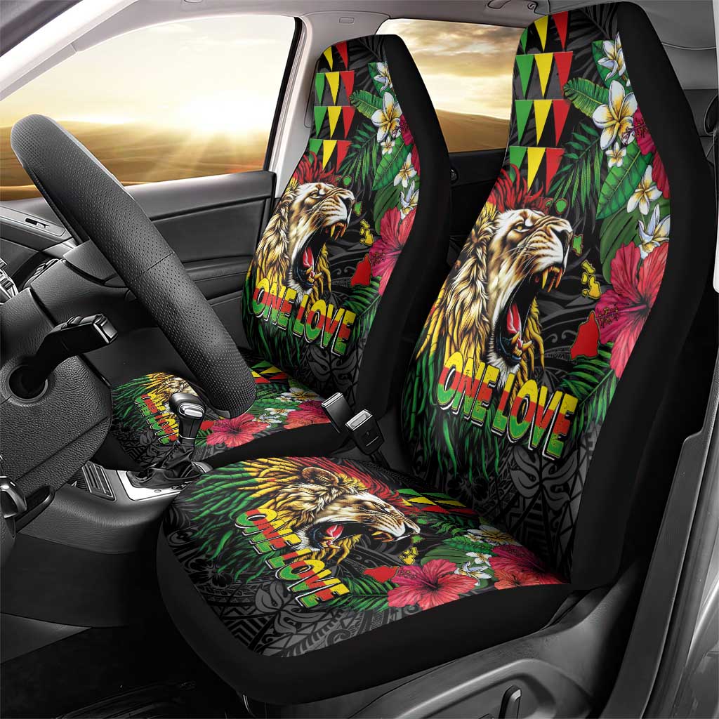 Hawaiian One Love Car Seat Cover Reggae Lion Tropical Plants and Kakau with Tribal Pattern LT03 - Polynesian Pride