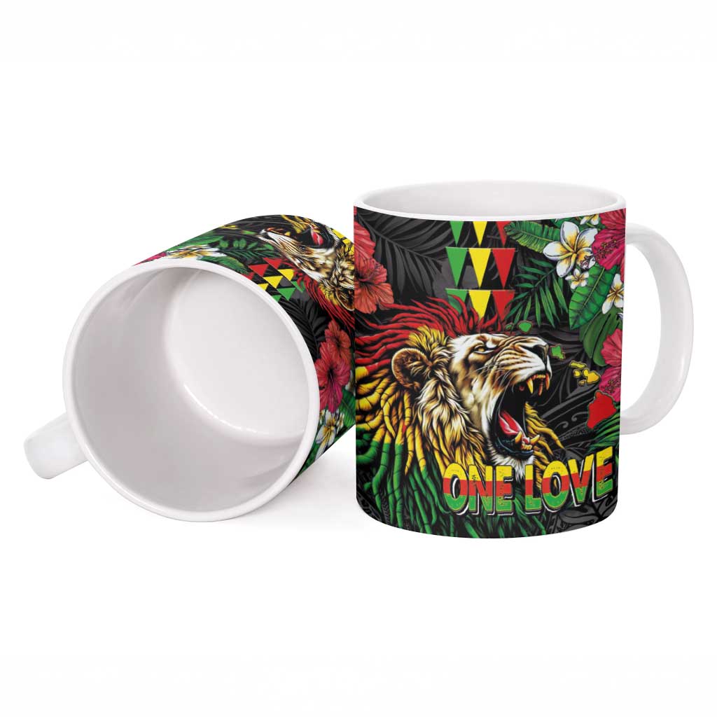 Hawaiian One Love Ceramic Mug Reggae Lion Tropical Plants and Kakau with Tribal Pattern LT03 - Polynesian Pride