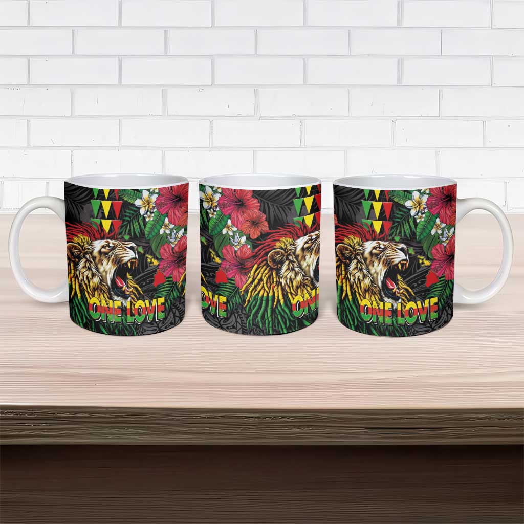 Hawaiian One Love Ceramic Mug Reggae Lion Tropical Plants and Kakau with Tribal Pattern LT03 - Polynesian Pride