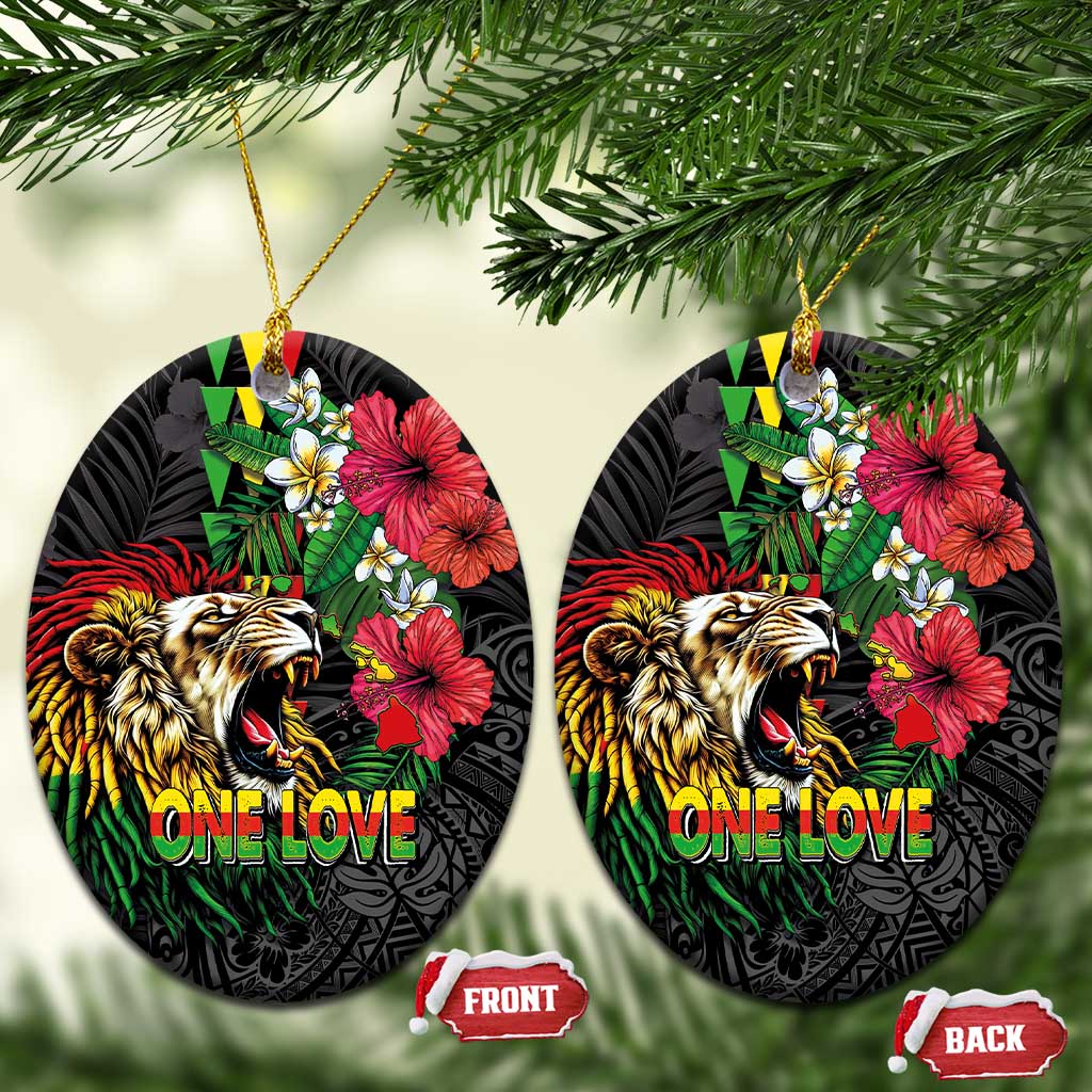 Hawaiian One Love Ceramic Ornament Reggae Lion Tropical Plants and Kakau with Tribal Pattern LT03 Oval Black - Polynesian Pride
