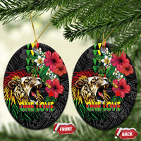 Hawaiian One Love Ceramic Ornament Reggae Lion Tropical Plants and Kakau with Tribal Pattern LT03 Oval Black - Polynesian Pride