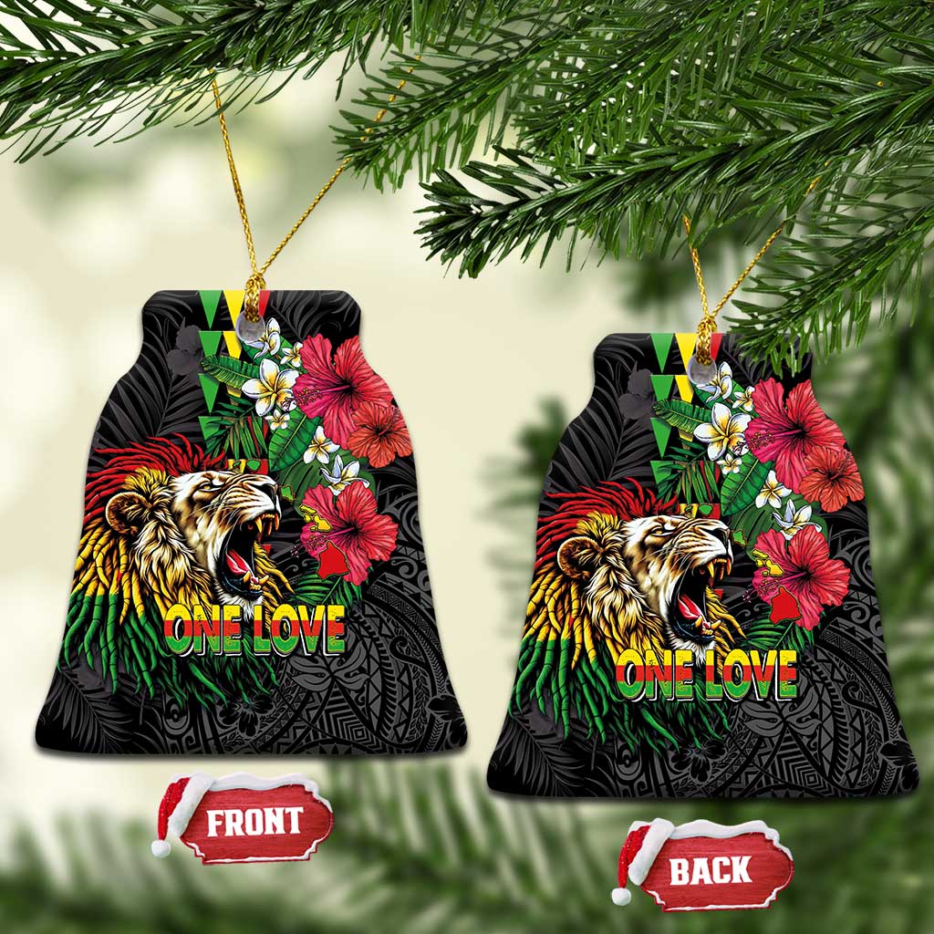 Hawaiian One Love Ceramic Ornament Reggae Lion Tropical Plants and Kakau with Tribal Pattern LT03 Bell Flake Black - Polynesian Pride