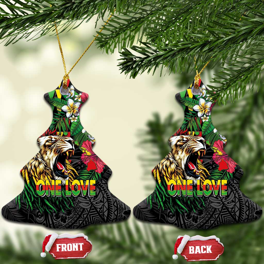 Hawaiian One Love Ceramic Ornament Reggae Lion Tropical Plants and Kakau with Tribal Pattern LT03 Christmas Tree Black - Polynesian Pride