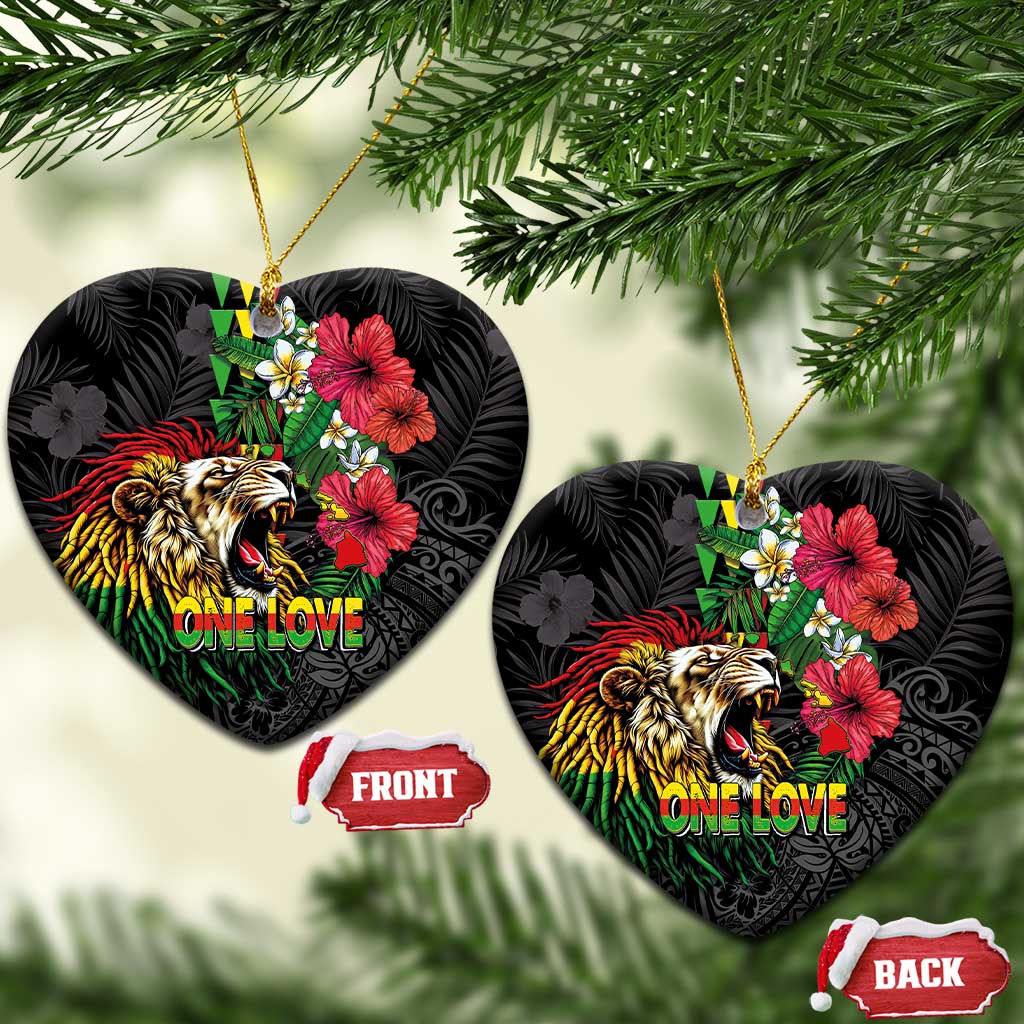 Hawaiian One Love Ceramic Ornament Reggae Lion Tropical Plants and Kakau with Tribal Pattern LT03 Heart Black - Polynesian Pride