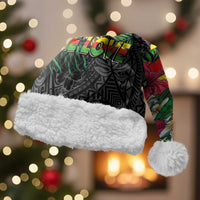 Hawaiian One Love Christmas Santa Hat Reggae Lion Tropical Plants and Kakau with Tribal Pattern LT03 With Fur Black - Polynesian Pride