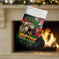 Hawaiian One Love Christmas Stocking Reggae Lion Tropical Plants and Kakau with Tribal Pattern LT03 Set of 2 Black - Polynesian Pride